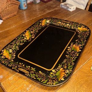 Vintage Hand-painted Floral Tole Tray, Metal 26.5” by 19.25”